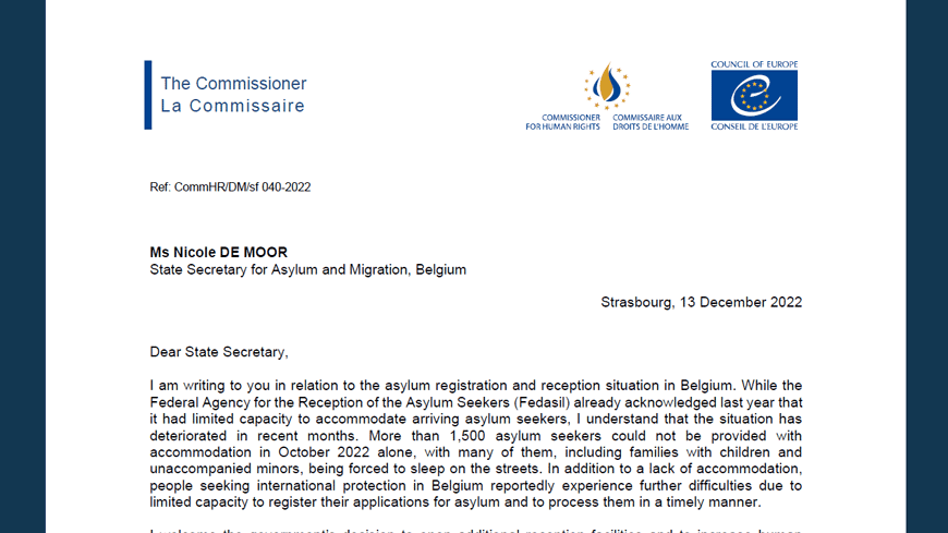 Commissioner calls on Belgium to ensure accommodation and material assistance for asylum seekers