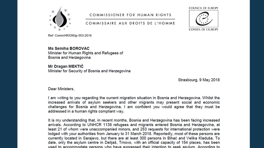The Commissioner calls on Bosnia and Herzegovina to improve assistance to asylum-seekers and migrants