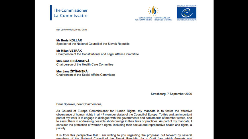 Commissioner urges the Slovak Parliament to reject bill which would further restrict women’s access to their sexual and reproductive health and rights