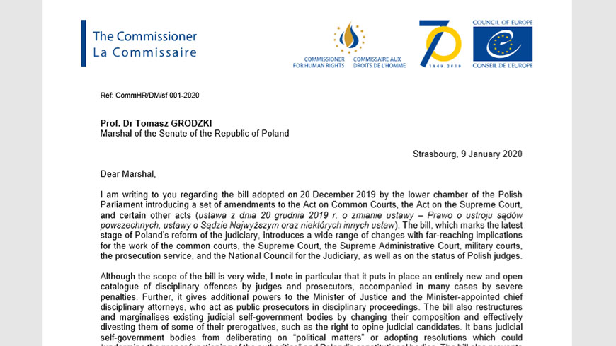 The Commissioner calls on the Polish Senate to reject bill which further curtails judges' and prosecutors' independence and freedom of expression