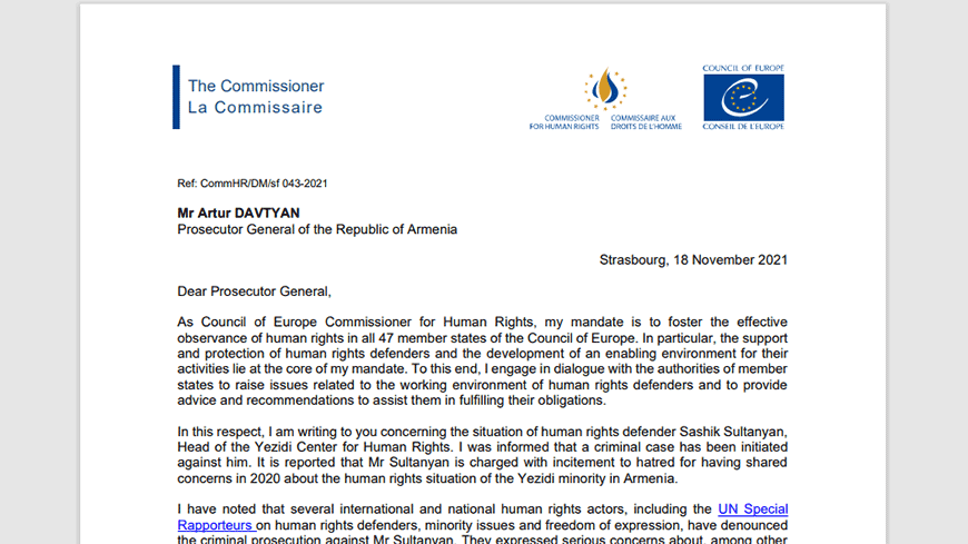 Commissioner seeks clarification over criminal proceedings against Armenian human rights defender Sashik Sultanyan