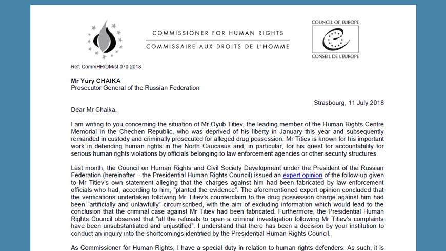 The Commissioner requests decisive measures to safeguard Oyub Titiev’s rights
