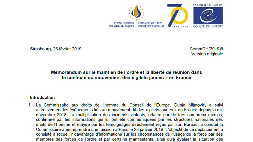 Maintien de l’ordre et liberté de réunion dans le contexte du mouvement des « gilets jaunes » : recommandations de la Commissaire aux droits de l’homme du Conseil de l’Europe