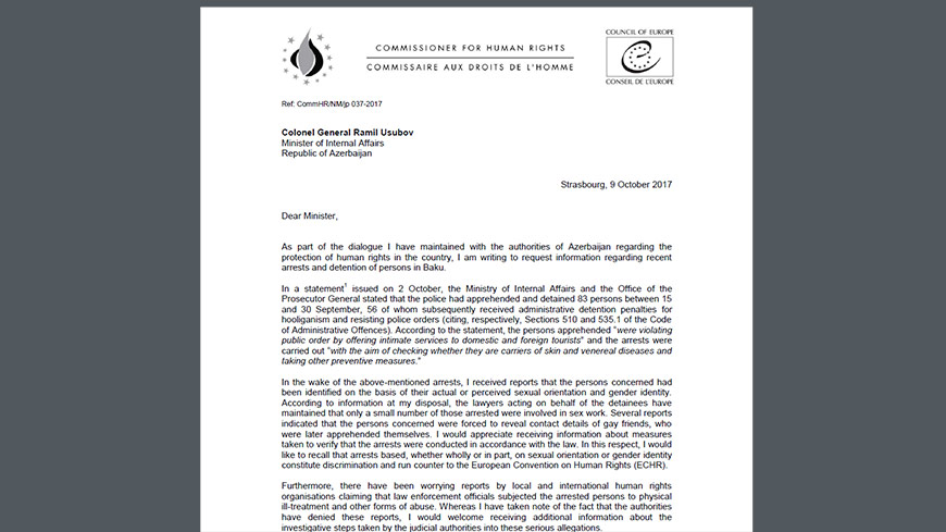 Commissioner urges Azerbaijan to investigate allegations of human rights violations of LGBT persons recently arrested and detained in Baku