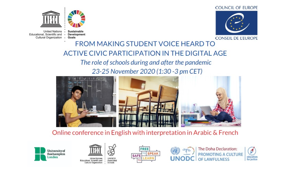 Conférence conjointe de l’UNESCO et du Conseil de l’Europe « De l'expression des élèves à la participation civique active à l'ère du numérique : Le rôle des écoles pendant et après la pandémie » 23-25 Novembre 2020