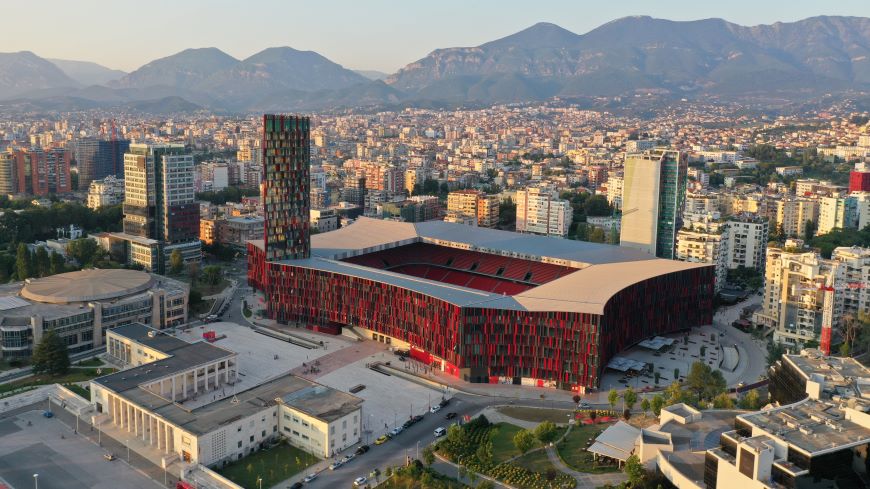 @Shutterstock (Stadium Air Albania, drone view)