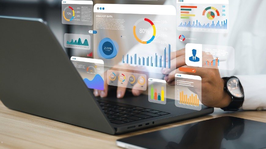 Image of a person using a laptop for data analysis using charts
