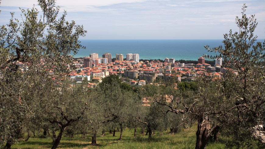 An aerial view of the city of Montesilvano, Italy, looking towards the sea