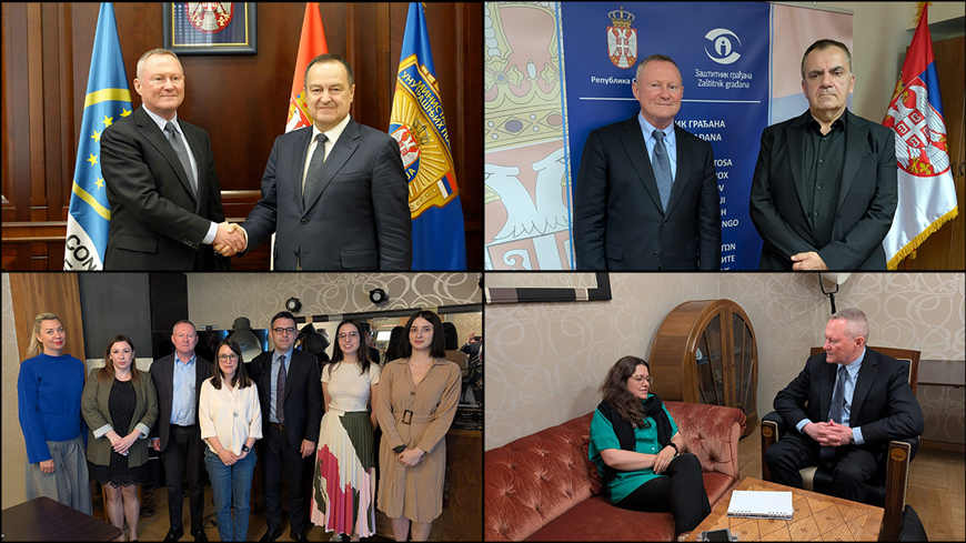 Top-left: meeting with Ivica Dačić, Deputy Prime Minister and Minister of Interior; top-right: meeting with Zoran Pašalić, Ombudsman; bottom-left: meeting with civil society; bottom-right: meeting with Gina Romero, UN Special Rapporteur on the Rights to Freedom of Peaceful Assembly and of Association.