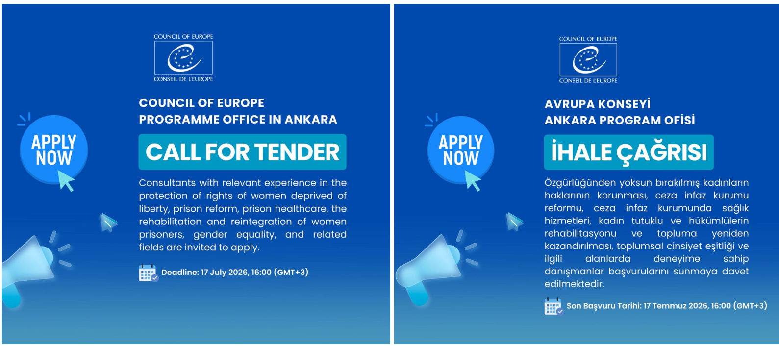 Call for Tender: Purchase of International Consultancy Services in the field of strengthening women’s rights within the penitentiary system in Türkiye within the scope of EU-CoE Joint Programme on “Strengthening Rights and Conditions of Women in Prisons in Türkiye in line with International and EU Standards” - Council of Europe Programme Office in Ankara